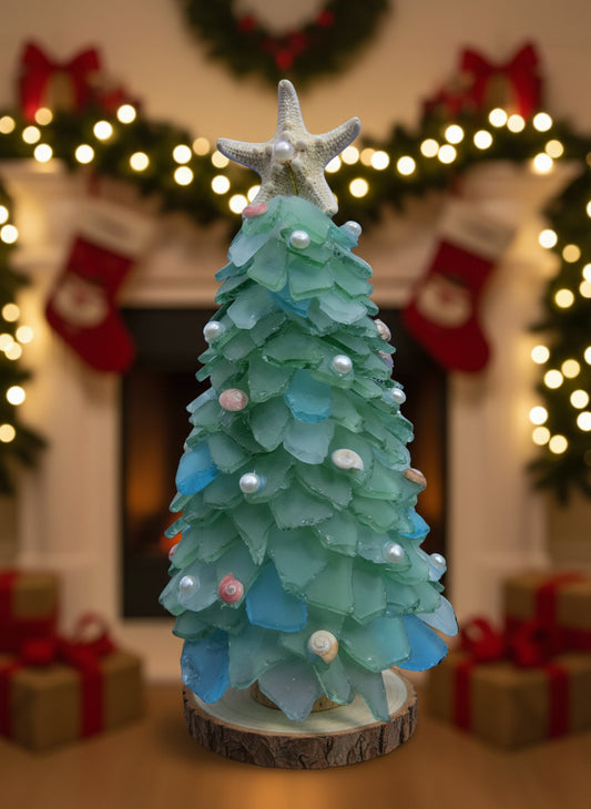 Sea Glass Christmas Tree with Starfish, Pearl, and Shell Decorations